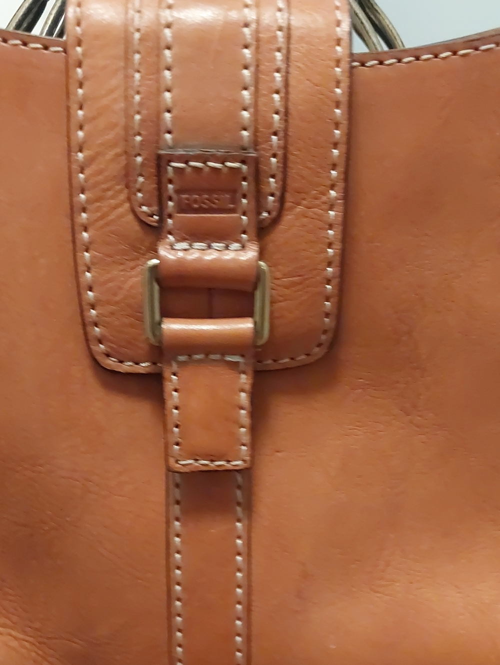 Fossil Cognac Leather Tote with White Contrast Stitching